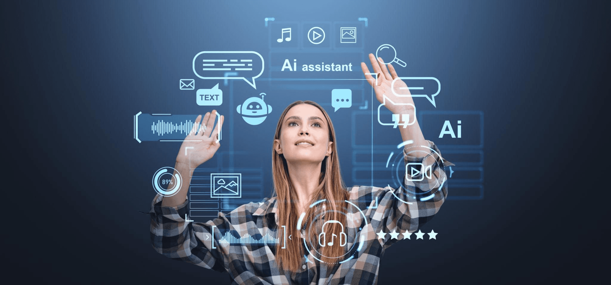 A confident and happy woman interacting with a glowing AI interface, surrounded by bright, colorful digital elements that represent emotional support, communication, and well-being.